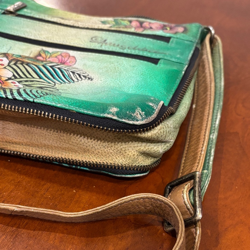 Anuschka Green Adjustable Crossbody Bag with Peacock and Floral‎ Art - Picture 16 of 16